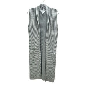 London Kaye‎ Gray White Chevron Long Line Open Sweater Vest Cardigan M Pockets